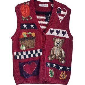 VTG Karen Scott Hand Knits Large Sweater Vest Fall Patriotic Country Teddy Bear